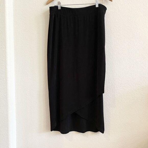 Chico's Travelers Skirt Size 2 Long Black Full Slinky Knit  Faux Wrap Maxi L - Picture 1 of 9